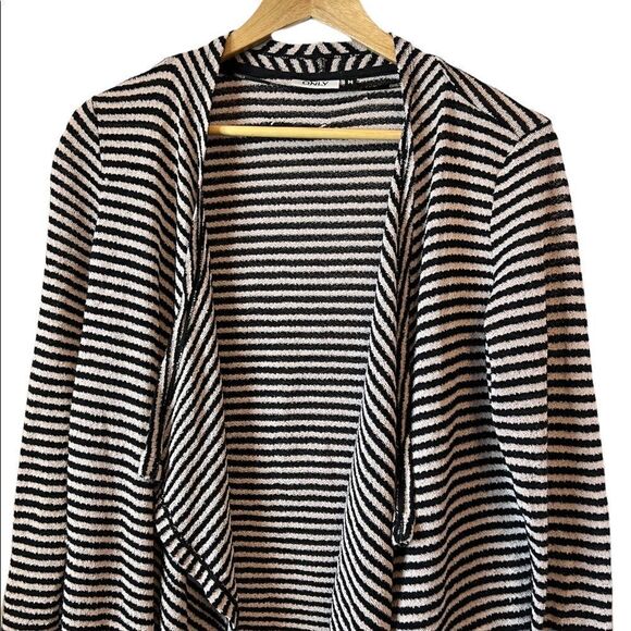 ONLY Black & Tan Striped Knit Open Loose Fit Cardigan Sweater M - Picture 2 of 8